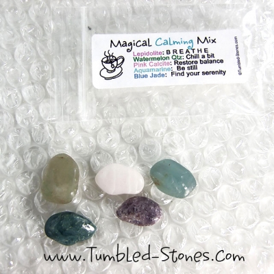 Magical Calming Mix contains one or more of the following stones: Lepidolite, Watermelon Quartz, Pink Calcite, Aquamarine and Blue Jade.