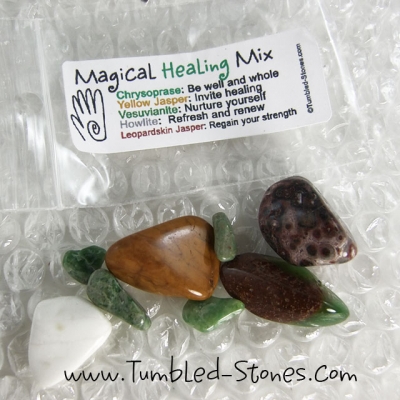 Magical Healing Mix contains one or more of the following stones: Chrysoprase, Yellow Jasper, Vesuvianite, Howlite and Leopardskin Jasper.