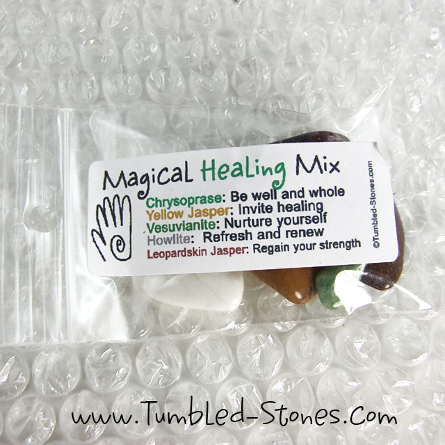 Magical Healing Mix contains one or more of the following stones: Chrysoprase, Yellow Jasper, Vesuvianite, Howlite and Leopardskin Jasper.