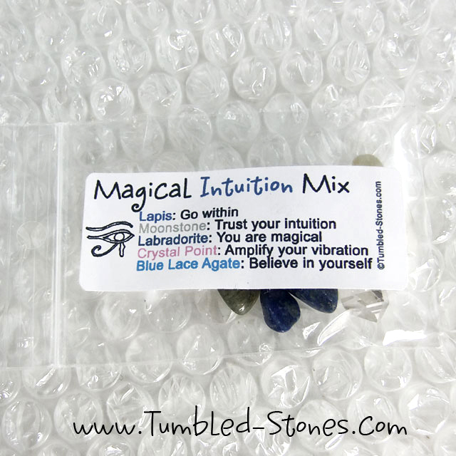 Magical Intuition Mix contains one or more of the following stones: Lapis Lazuli, Moonstone, Labradorite, Danburite and Blue Lace Agate.