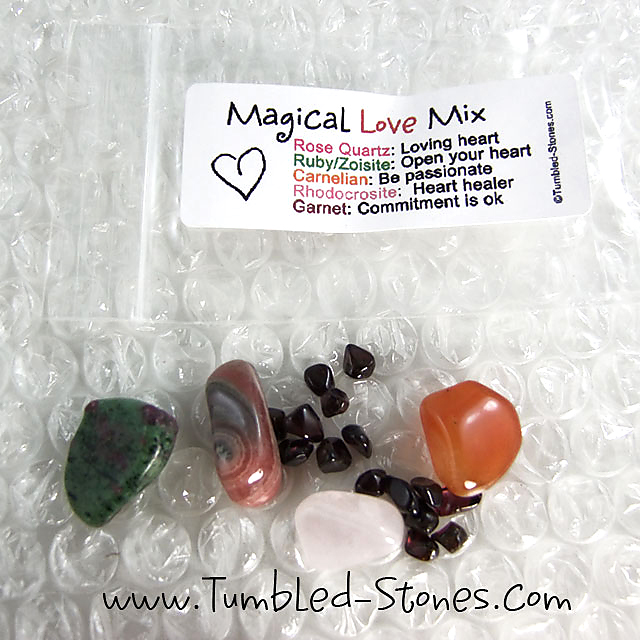Magical Love Mix contains one or more of the following stones: Rose Quartz, Ruby in Zoisite, Carnelian, Rhodocrosite and Garnet.