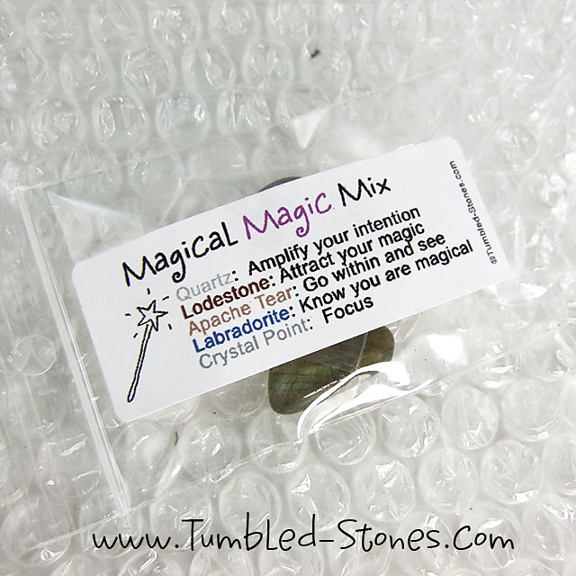 Magical Magic Mix contains one or more of the following stones: Lodestone, Apache Tear, Labradorite, Crystal Point and Rock Quartz.