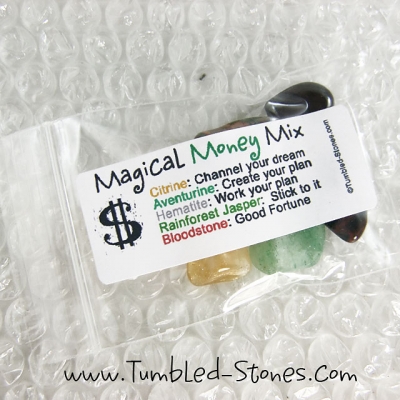 Magical Money Mix contains one or more of the following stones: Citrine, Aventurine, Hematite, Rainforest Jasper and Bloodstone.