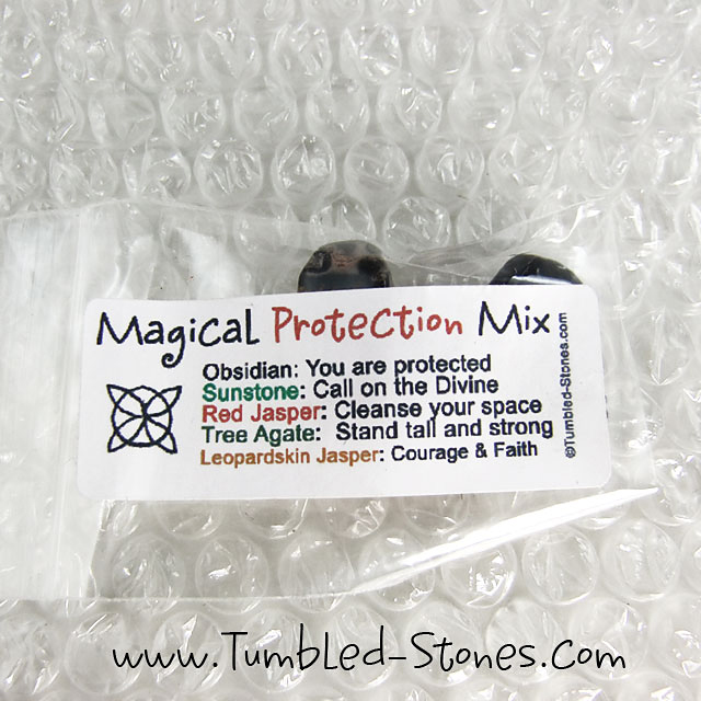 Magical Protection Mix contains one or more of the following stones: Obsidian, Sunstone, Red Jasper, Tree Agate and Leopardskin Jasper.