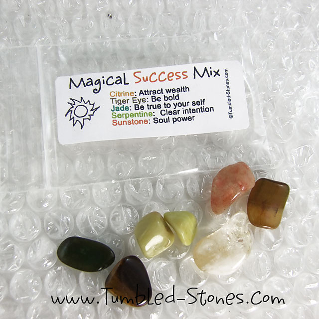 Magical Success Mix contains one or more of the following stones: Citrine, Tiger Eye, Jade, Serpentine and Sunstone.