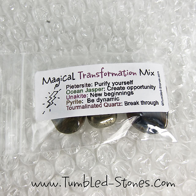 Magical Transformation Mix contains one or more of the following stones: Pietersite, Ocean Jasper, Unakite, Pyrite and Moss Agate.