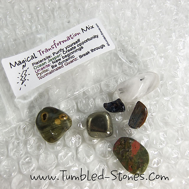 Magical Transformation Mix contains one or more of the following stones: Pietersite, Ocean Jasper, Unakite, Pyrite and Moss Agate.