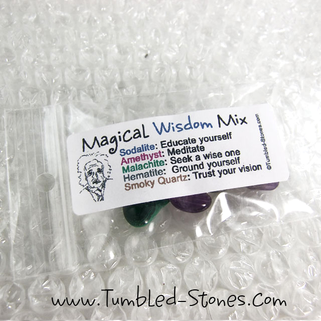 Magical Wisdom Mix contains one or more of the following stones: Sodalite, Amethyst, Malachite, Hematite and Smoky Quartz.
