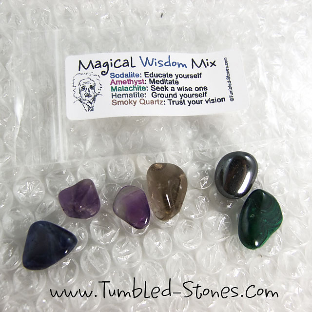 Magical Wisdom Mix contains one or more of the following stones: Sodalite, Amethyst, Malachite, Hematite and Smoky Quartz.